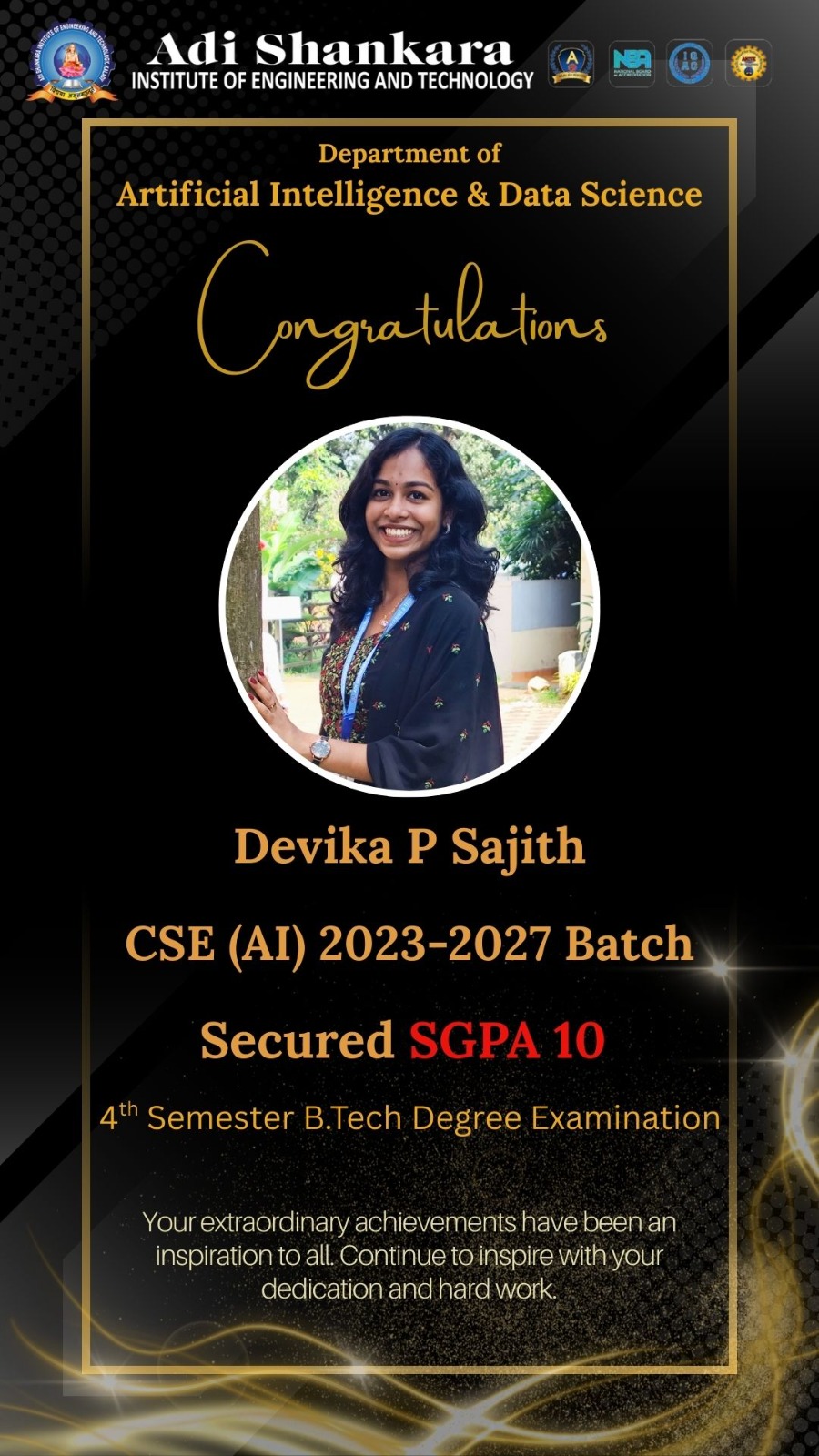 Outstanding Academic Achievement – SGPA 10 in 4th Semester B.Tech Examination