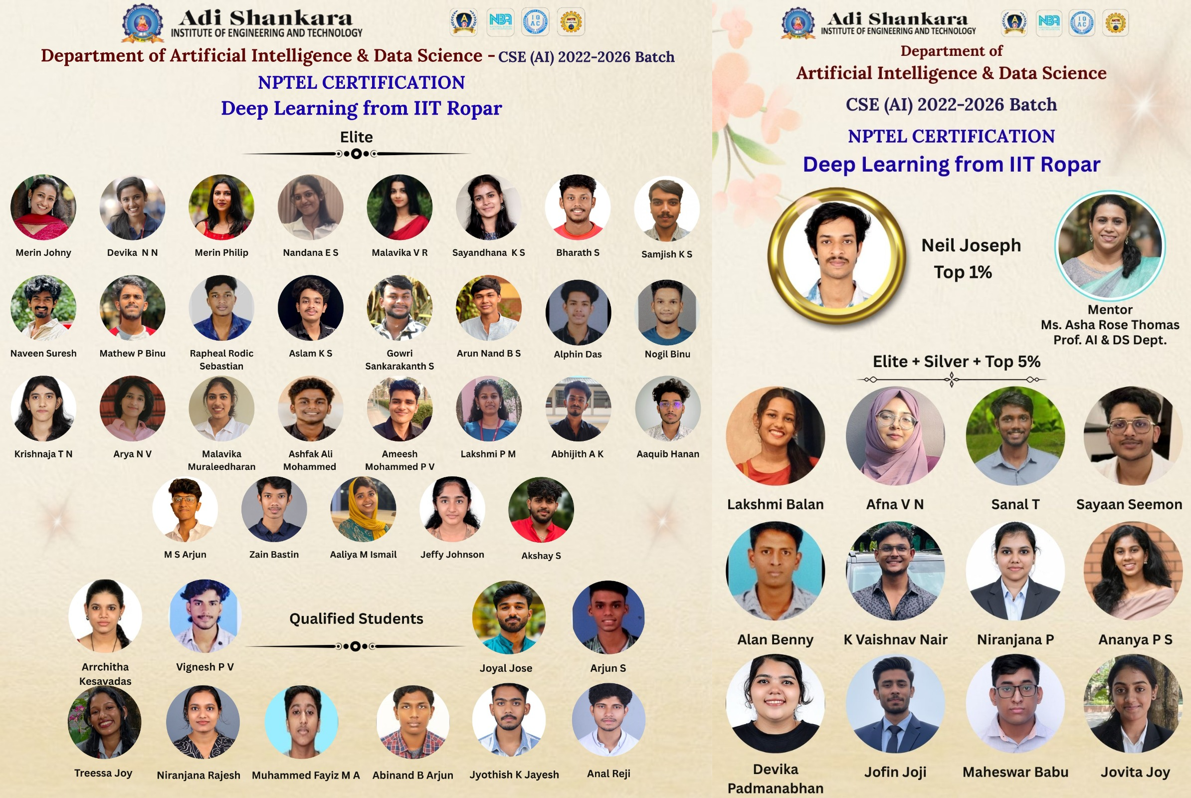 Outstanding Achievement in NPTEL Deep Learning Certification – CSE (AI) 2022–2026 Batch