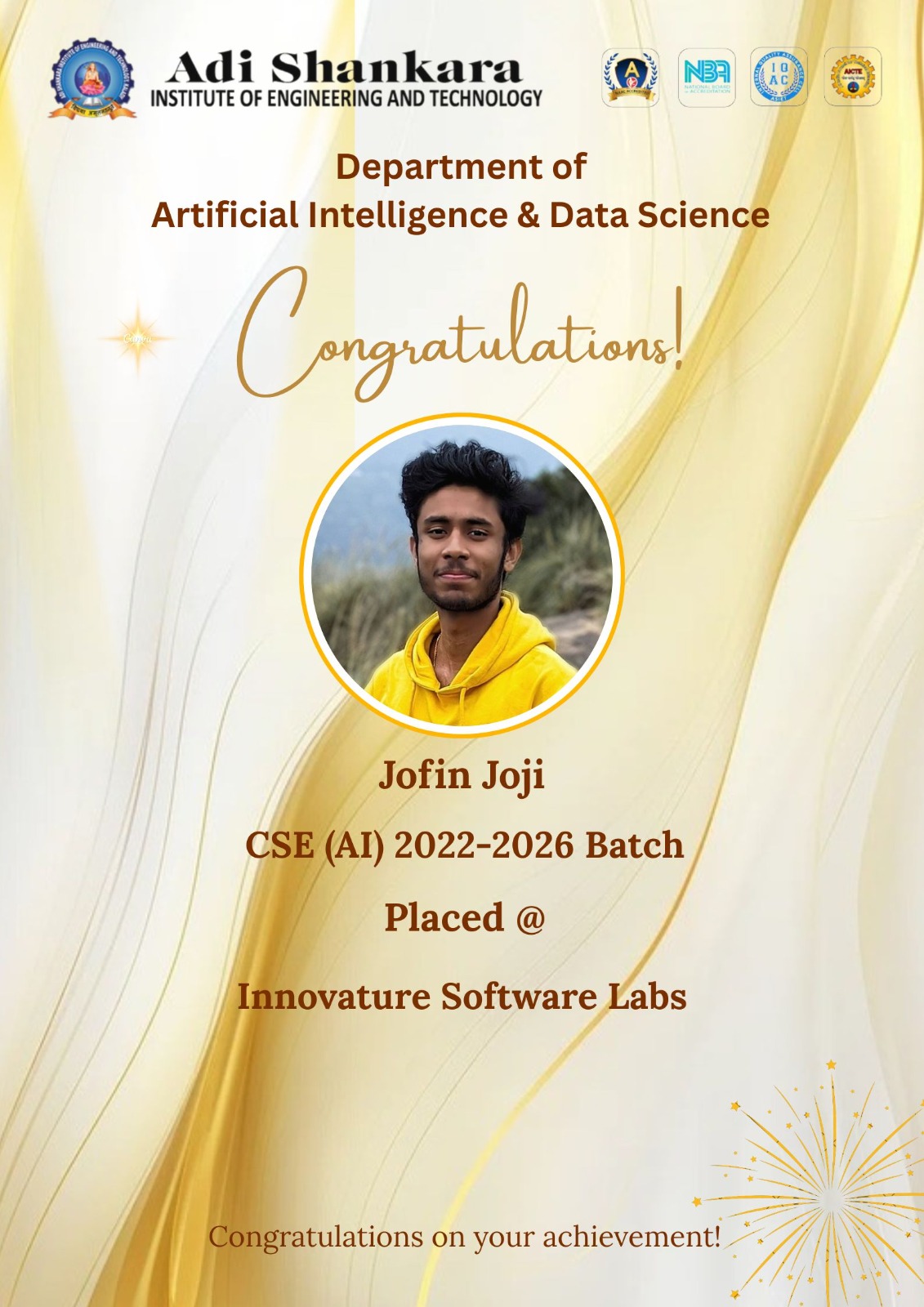 Congratulations to Jofin Joji on Placement Achievement