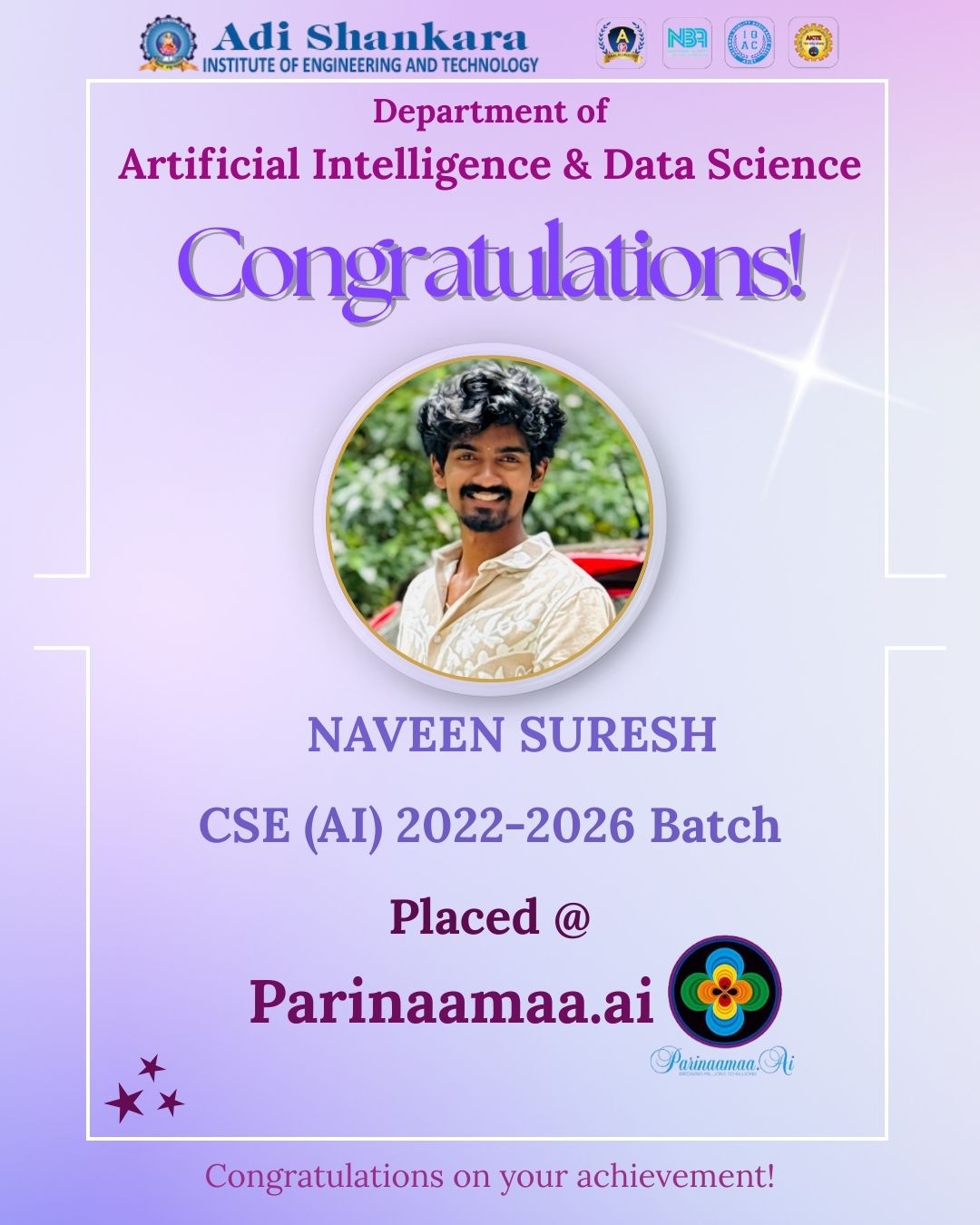 Congratulations to Naveen Suresh on His Placement Achievement