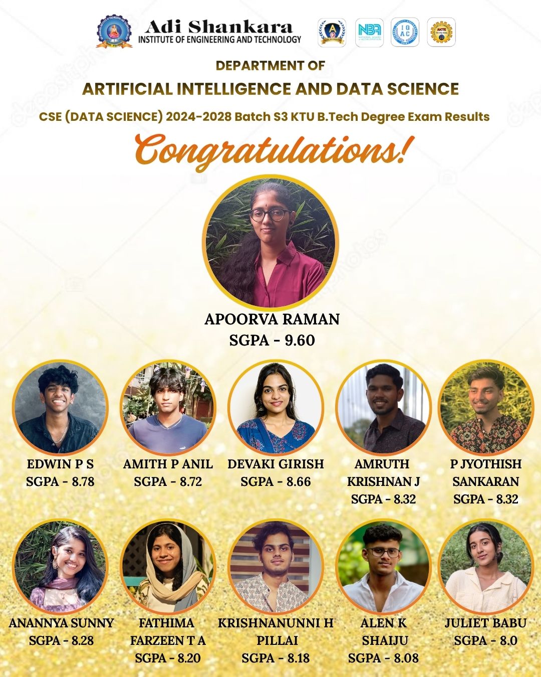 Outstanding Academic Performance in S3 KTU B.Tech Degree Examination – CSE (Data Science) 2024–2028 Batch