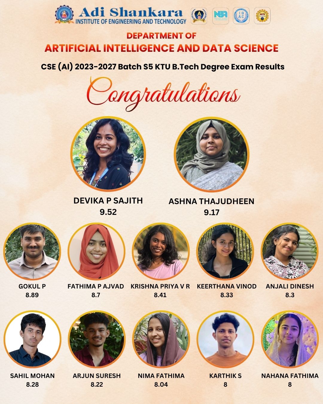 Excellent Academic Achievement in S5 KTU B.Tech Degree Examination – CSE (AI) 2023–2027 Batch