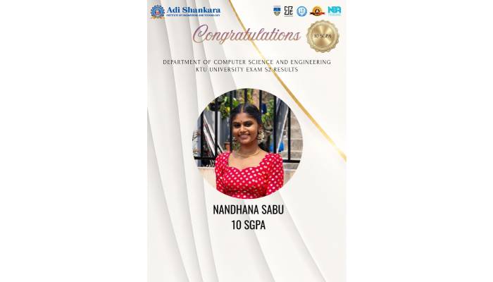 Nandhana Sabu Achieves a Perfect 10 SGPA in KTU S2 University Examination