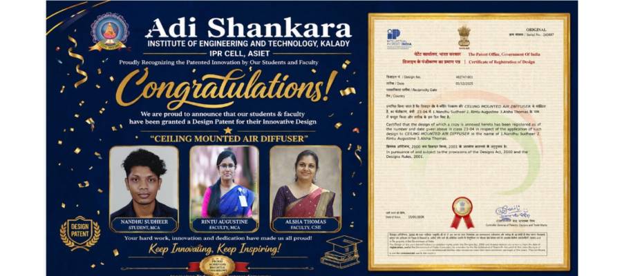 ASIET Team Secures Indian Design Patent for Innovative Ceiling Mounted Air Diffuser
