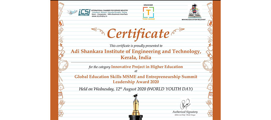 ASIET received the Global Education Skills MSME & Entrepreneurship Summit Leadership Award 2020